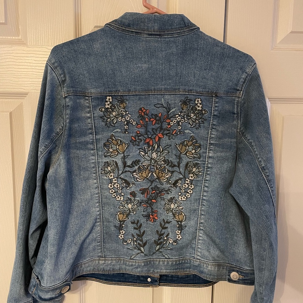 Catherines, Embroidery, Jean, Jacket, Blue, Stretch, Floral, Pockets, EUC